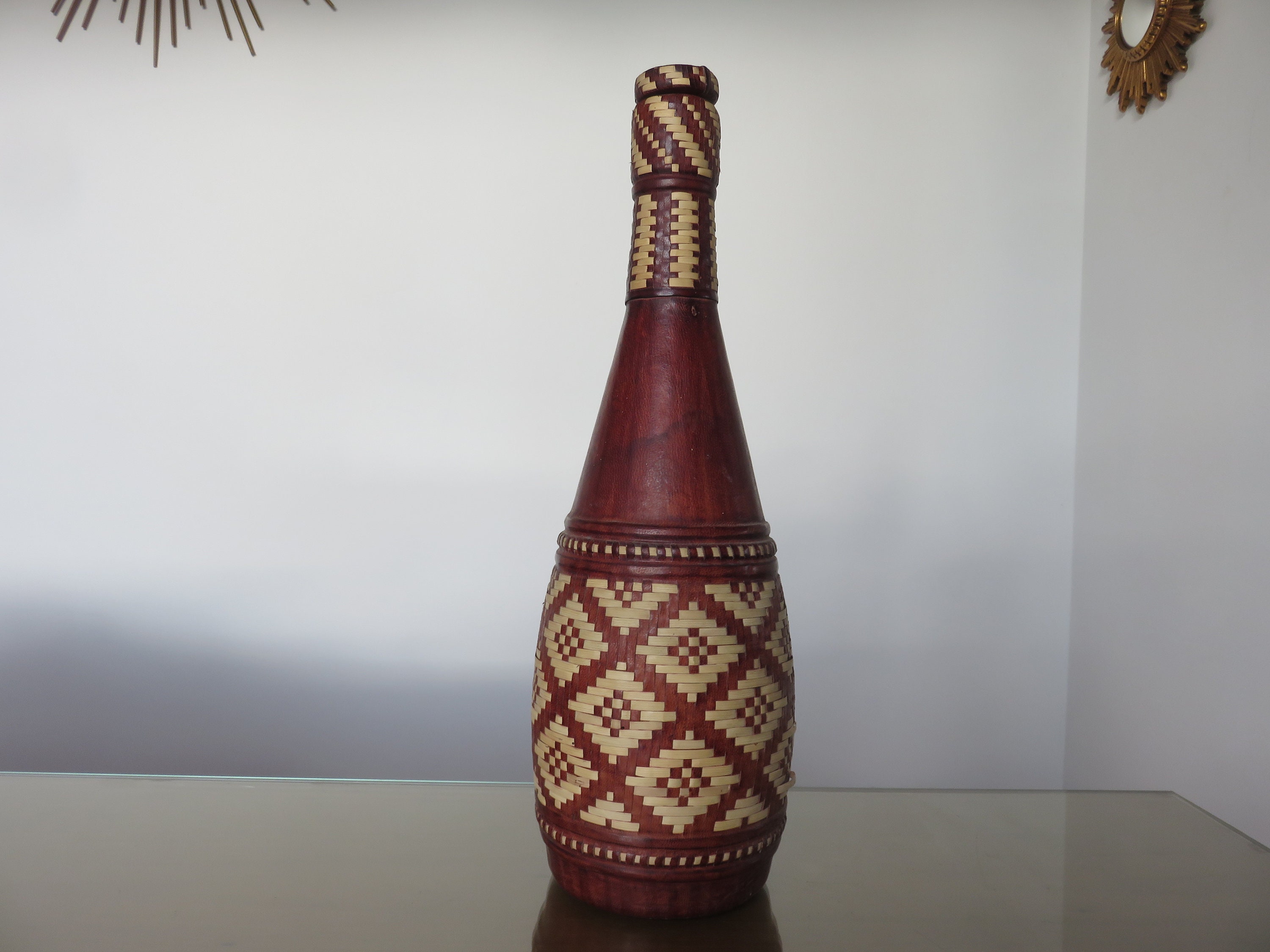 Grande Bouteille Décorative, en Cuir, Ethnique, Maroc, Mid Century 1960 1970 60's 70's Old Vintage M