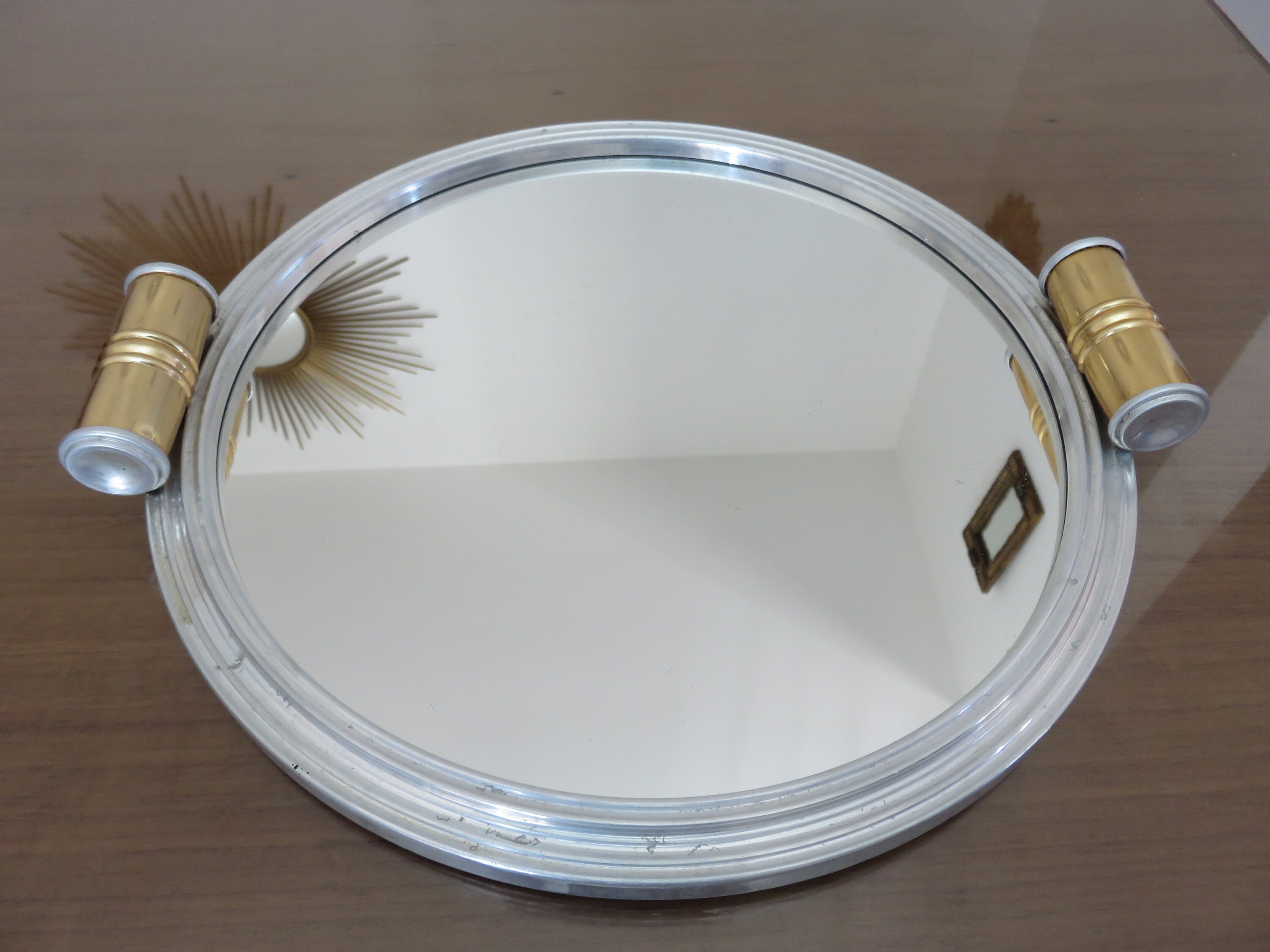 Grand Plateau Miroir Rond, en Aluminium, Art Deco Mid Century 1940 1950 40's 50's Old French Vintage