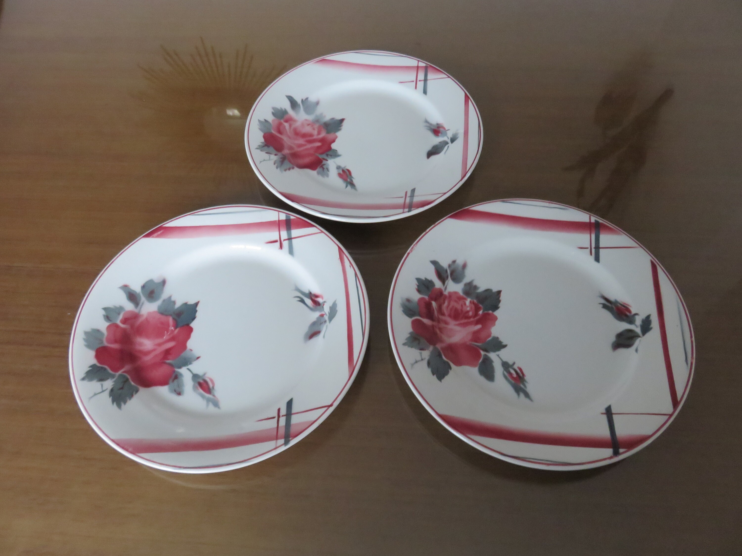 3 Assiettes Plates La Rose Digoin Sarreguemines France 1920 20's Old Vintage French Porcelain Plate
