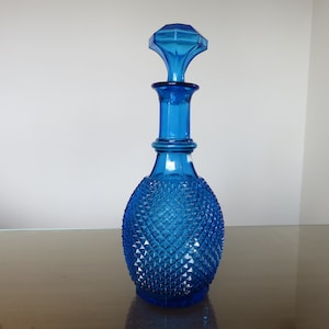 Rare bottle, carafe, Empoli, Italy, blue diamond point glass mid century 1960 1970 60&#39;s 70&#39;s old vintage Italy blue bottle, carafe