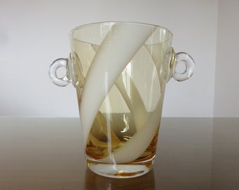 MURANO glass ice bucket, transparent, yellow and white 1970 70&#39;s vintage glass ice bucket
