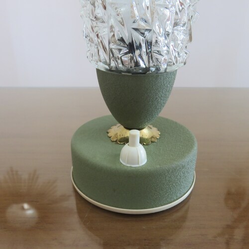 Celadon green lacquered metal lamp, brass and deals textured glass, mid century 1950 1960 50's 60's French vintage lamp