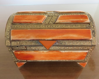 jewelry box, Berber, Moroccan, brass and coral bone, mid century 1960 60's 1970 70's vintage Berber, Moroccan box