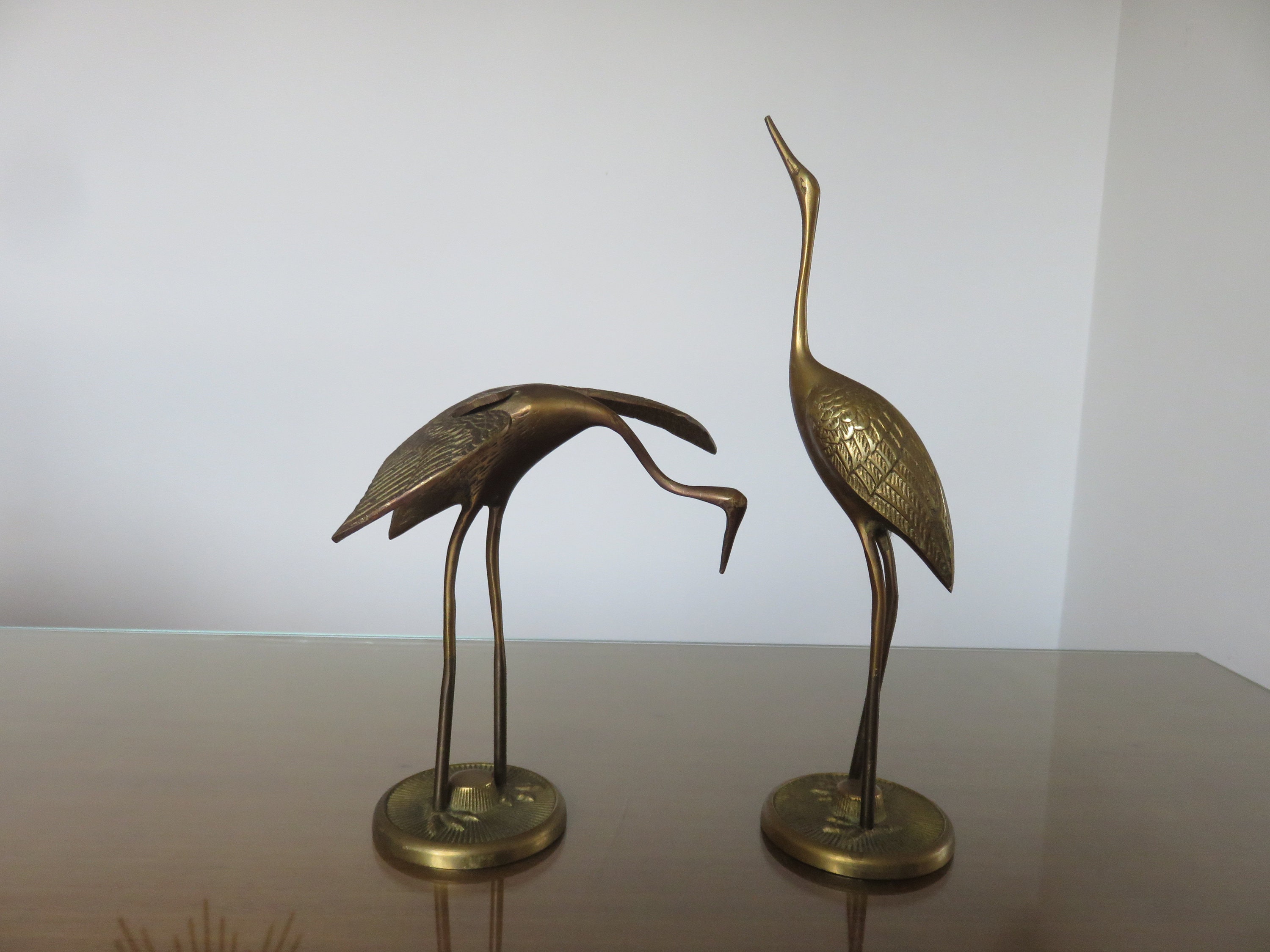Paire de Grands Hérons, en Laiton Doré 1960 1970 60's 70's Mid Century Old Vintage Brass Herons