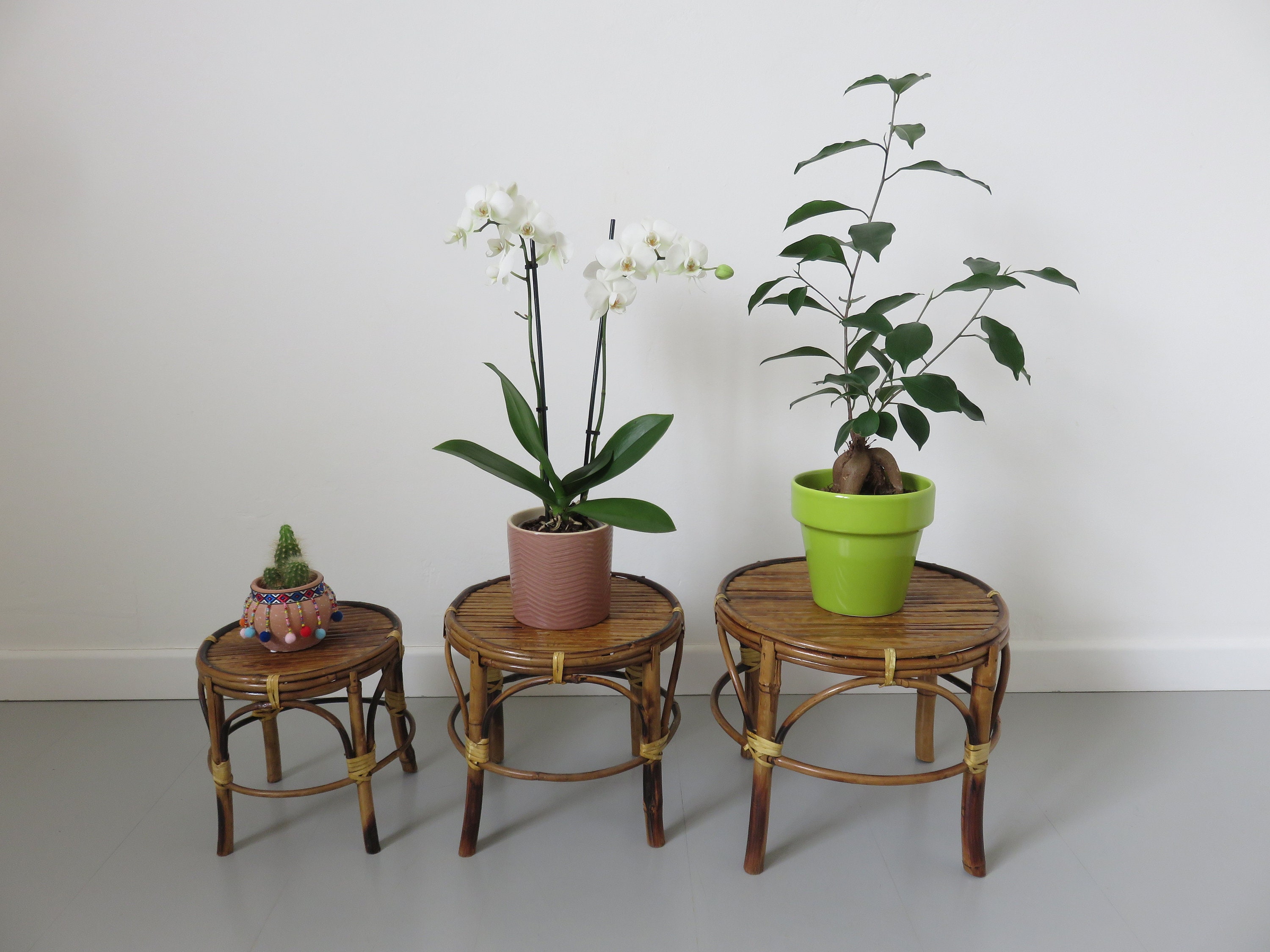 3 Tables Gigognes, Sellettes, Porte Plante en Bambou 1960 1970 60's 70's Mid Century Vintage Bamboo 