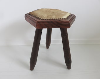 tripod stool, solid wood and cowhide, compass feet, hexagonal seat 1950 1960 50's 60's mid century old vintage French stool