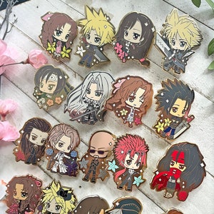 May include: A set of 16 gold-colored enamel pins featuring characters from the Final Fantasy video game series. The pins are all different sizes and shapes, and they feature a variety of characters, including Cloud Strife, Sephiroth, Tifa Lockhart, and Aerith Gainsborough.