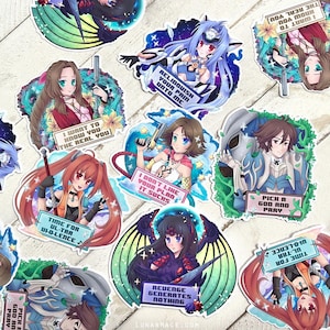 以下が含まれることがあります： 様々なキャラクターがダイナミックなポーズと鮮やかな色で描かれた、アニメスタイルのステッカーのコレクションです。各ステッカーには、「あなたを知りたい、本当のあなた」や「あなたの苦痛を放棄してください」などのテキストが含まれています。