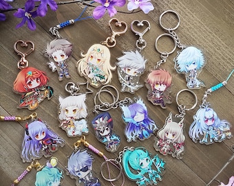 May include: A collection of 15 colorful anime character keychains. The keychains are made of clear acrylic and feature various characters with different hair colors, outfits, and poses.