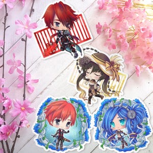 May include: A collection of anime-style stickers featuring characters with vibrant hair and detailed outfits. The stickers include a character with red hair and a sword, another with a hat, and two others with blue and red hair, all set against floral and patterned backgrounds.