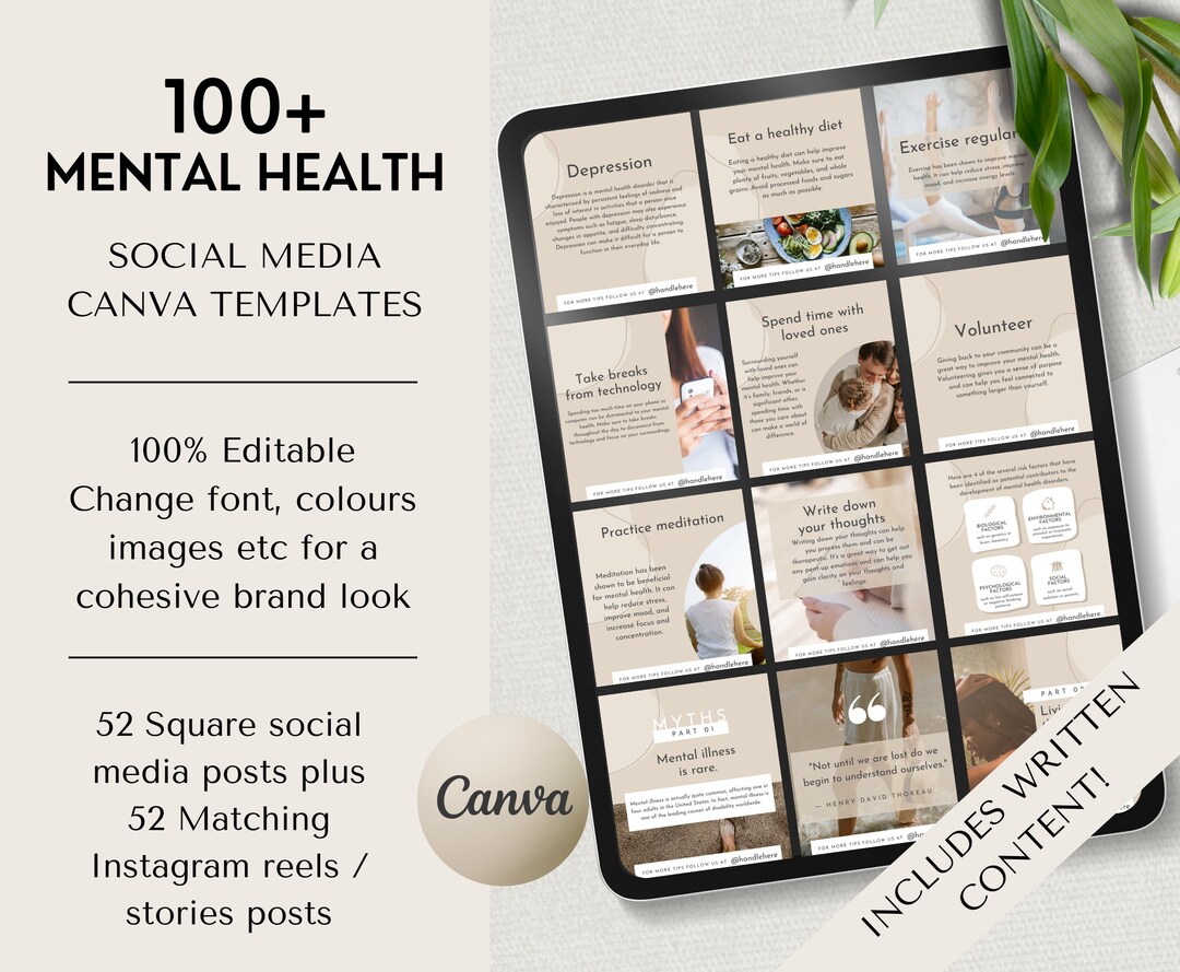 100 Mental Health Social Media Canva Templates Instagram Posts and ...