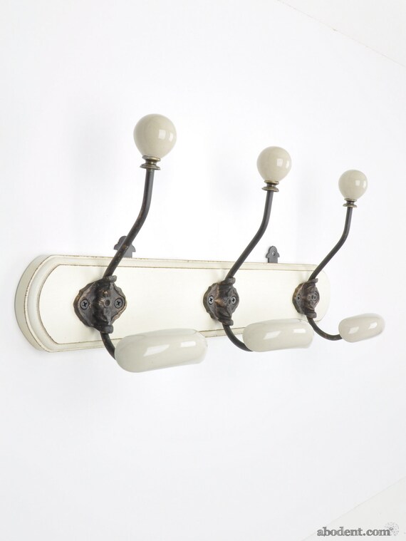 Classic White 3 Hook Ceramic And Wood Coat Rack Wall Rack Etsy