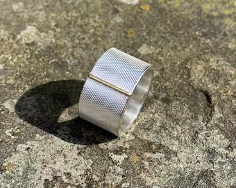 Chunky Sterling Silver and Brass Wide Textured Ring Size T - Mens or Womens Chunky Silver Ring - Wide Silver Band - Gifts for him