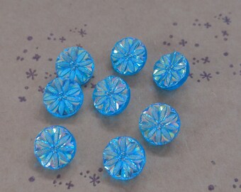 No. 25e- Vintage German glass buttons Aurora borealis blue Flowers 8 pieces 11 mm