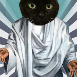 May include: A black cat wearing a crown of red roses is dressed as Jesus Christ. The cat is wearing a white robe and has its arms outstretched.