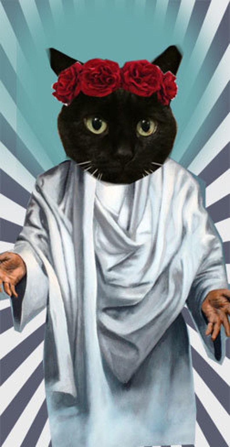 May include: A black cat wearing a crown of red roses is dressed as Jesus Christ. The cat is wearing a white robe and has its arms outstretched.