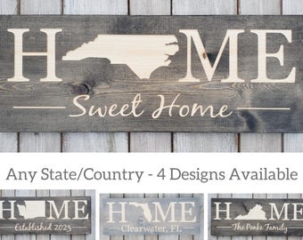 Personalized State Home Sign, Rustic Engraved Wood Decor