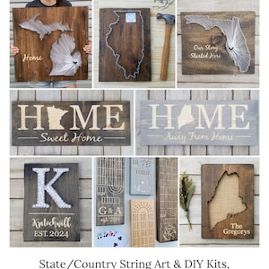 The image is a collage of various string art and DIY kits, including state/country signs, burlap state cutouts, custom engraved cribbage boards, and more!