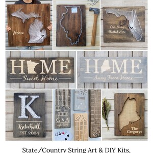 The image is a collage of various string art and DIY kits, including state/country signs, burlap state cutouts, custom engraved cribbage boards, and more.