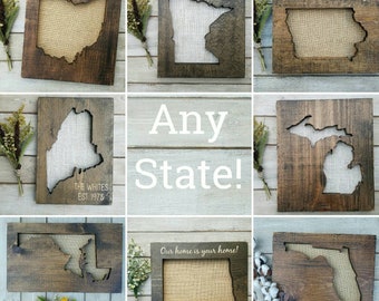 Rustic State Burlap Wood Sign, Rustic State Map, State Print Sign, Where Your heart is,  Rustic wall art, gallery wall, home sweet home sign