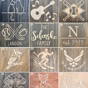 a collection of nine different wood designs, each featuring various symbols and imagery. The designs include a cat, guitar, baseball bat, baseball, baseball glove, tent, bird, skier, and a fox. The designs are arranged in a grid format, with each design occupying its own square. The text "Design Options - Page 2" is visible at the top of the image, indicating that this is a page of design options.