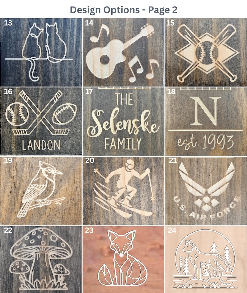 a collection of nine different wood designs, each featuring various symbols and imagery. The designs include a cat, guitar, baseball bat, baseball, baseball glove, tent, bird, skier, and a fox. The designs are arranged in a grid format, with each design occupying its own square. The text "Design Options - Page 2" is visible at the top of the image, indicating that this is a page of design options.