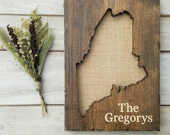 Maine Sign, Burlap Print, Maine Decor, Maine State Map, Maine Gifts, Maine Wall Art, Maine Home Decor, Maine State Sign, Rustic Decor, 9x13