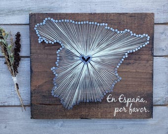 Spain String Art Sign, Custom Heart Map, Rustic Wood Wall Decor