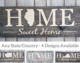 Illinois Home Sweet Home Wood Sign, Rustic State Wall Art
