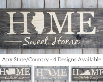 Illinois Home Sweet Home, Illinois State Sign, Illinois State Print Map, Illinois Wood Sign, Gift Rustic Home Decor State Wall Art 9x24