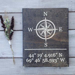 Coordinates Sign GPS Coordinates Gift Latitude Longitude Sign Compass Decor Engraved Sign Compass Rose Realtor Sign Closing Custom Gift 9x11