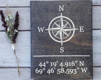 Coordinates Sign GPS Coordinates Gift Latitude Longitude Sign Compass Decor Engraved Sign Compass Rose Realtor Sign Closing Custom Gift 9x11