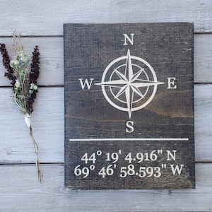 Coordinates Sign GPS Coordinates Gift Latitude Longitude Sign Compass Decor Engraved Sign Compass Rose Realtor Sign Closing Custom Gift 9x11