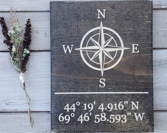 Coordinates Sign GPS Coordinates Gift Latitude Longitude Sign Compass Decor Engraved Sign Compass Rose Realtor Sign Closing Custom Gift 9x11