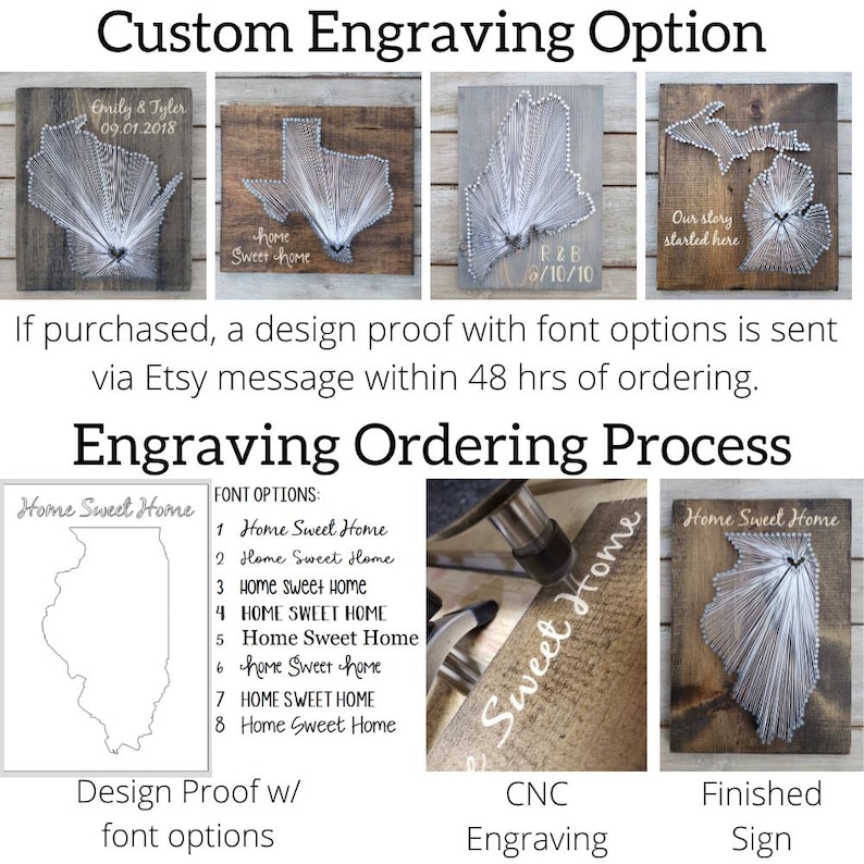 The image is a collage of various images related to custom engraving options for a custom engraving of a home sweet home. It includes images of a custom engraving of the state of Michigan, a custom engraving of a home sweet home, and a custom engraving of a home sweet home. The image also provides information about the custom engraving ordering process, including the font options, the final product, and the finished sign.