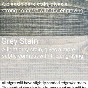 two different types of stains on a wooden surface: Dark Stain and Grey Stain. The text provides a description of each stain, highlighting their contrasting characteristics.