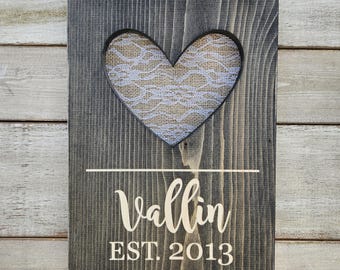 Engraved Lace Anniversary Gift, Personalized Last Name Wood Wall Decor with Heart, 13th Anniversary Gift