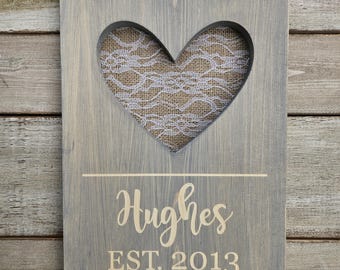 Engraved Lace Anniversary Gift, Personalized Last Name Wood Wall Decor with Heart