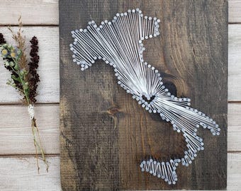 Italy String Art, Custom Heart Map, Rustic Wood Wall Decor