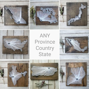 Custom Canada String Art: Rustic Wood Map with Heart Location