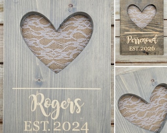 Engraved Lace Anniversary Gift, Personalized Last Name Wood Wall Decor with Heart