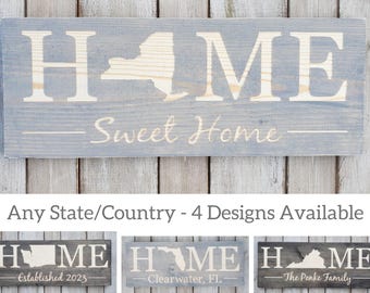 Rustic New York Home Sign, State Pride Decor, Personalized Wood Art, 9x24
