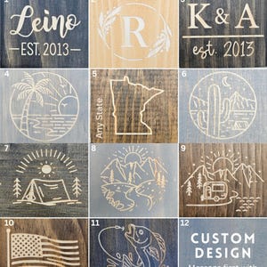 a collection of nine design options, each featuring a unique design or illustration on a wooden surface. The options include a nameplate, a state outline, a palm tree, a cactus, a tent, a mountain range, a flag, a fish, and a bird. The image is a collage of these design elements, and the text indicates that the design options are available for purchase.