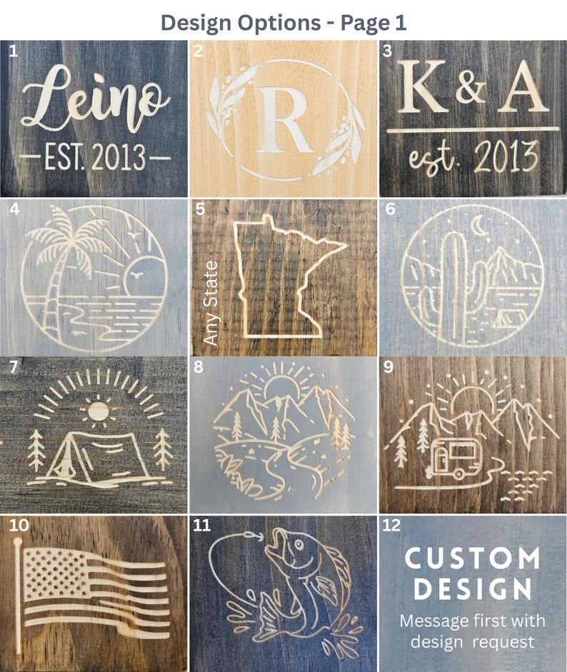 a collection of nine design options, each featuring a unique design or illustration on a wooden surface. The options include a nameplate, a state outline, a palm tree, a cactus, a tent, a mountain range, a flag, a fish, and a bird. The image is a collage of these design elements, and the text indicates that the design options are available for purchase.
