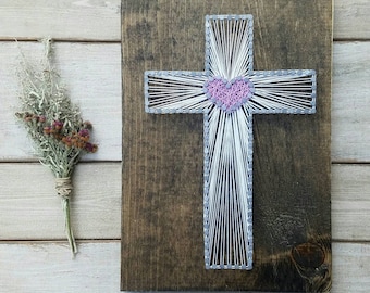 Cross String Art, Mothers Day Gifts, Cross Nail Art, Cross Home Decor, Cross with heart, Cross Sign, Easter Decor, 9x13