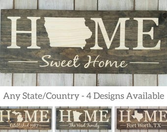 Iowa Home Sweet Home Wooden Sign, Rustic State Map Wall Art