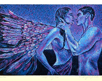 Color Linocut Print - "Angel's touch"