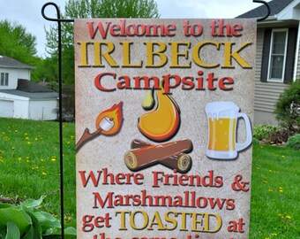 Campsite Flag, Toasted , Personalized Flags, Fire pit, Camping Flag, Vinyl Flag, Camp Fire