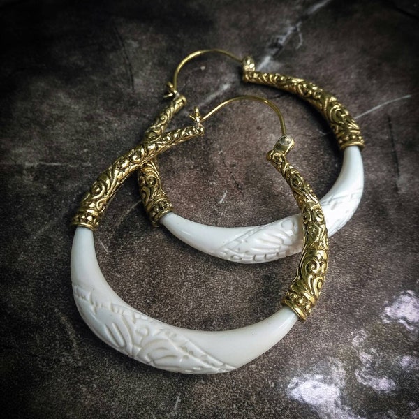 Carved Bones'n Bronze XXL Hoop Tribal Earrings-Boho Jewelry-Design Earrings-Unique-Tribal Fusion Jewels-Flowers Pattern