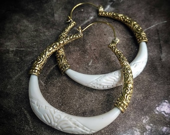 Carved Bones&#39;n Bronze XXL Hoop Tribal Earrings-Boho Jewelry-Design Earrings-Unique-Tribal Fusion Jewels-Flowers Pattern
